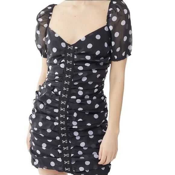 Urban Outfitters Puff Sleeve Polka Dot Ruched Mini Dress Corset Clasp Front M - Picture 1 of 8